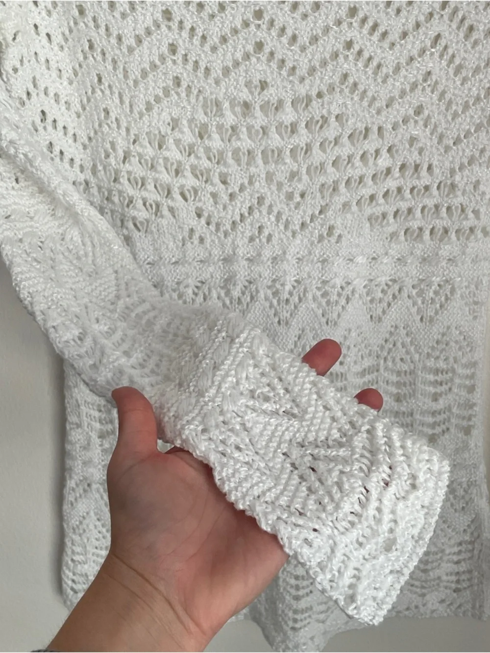 Caché White Crochet Open Knit Sweater Size XS Boatneck Boho Summer Cottagecore